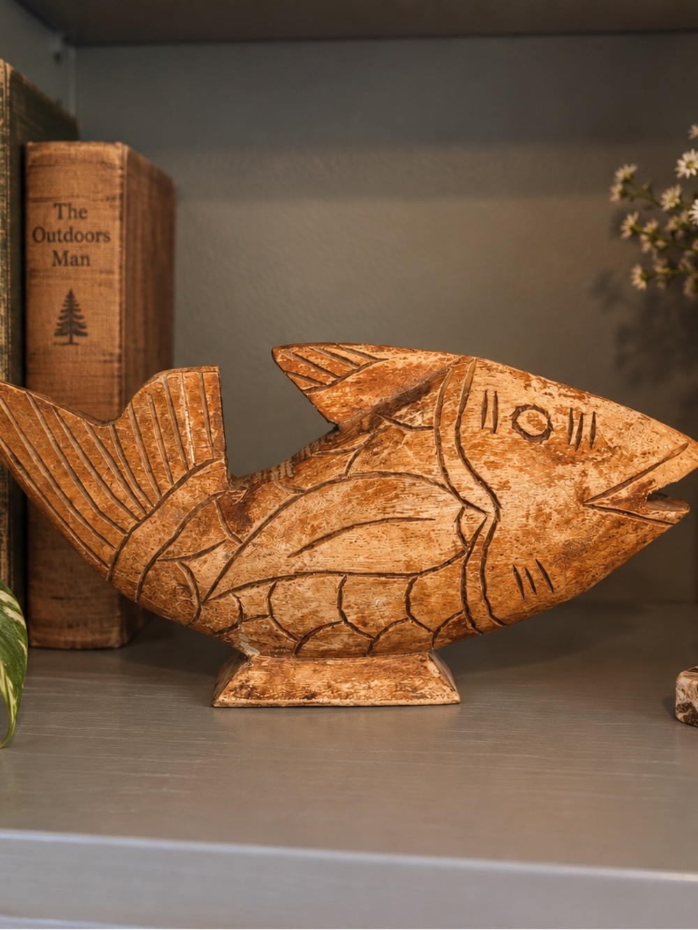 Vintage Brown Carved Fish Sculpture